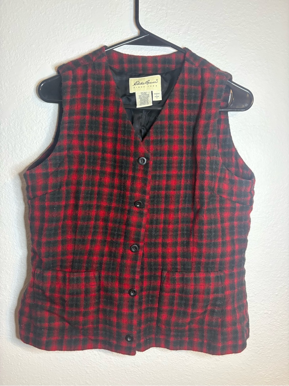 Vintage Eddie Bauer Red and Black Plaid Wool-Lined Vest